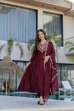 Maroon Chinnon Embroidered Kurta Set