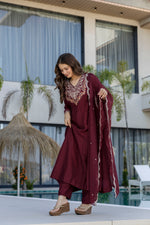 Maroon Chinnon Embroidered Kurta Set