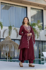 Maroon Chinnon Embroidered Kurta Set