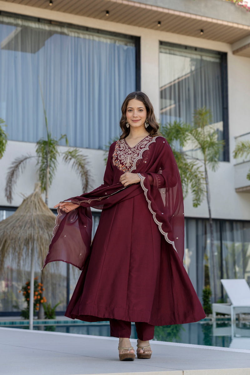 Maroon Chinnon Embroidered Kurta Set