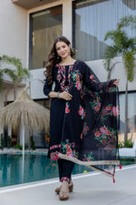 Black Embroidered Chinon Kurta Pant Set