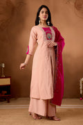 Elegant Peach Roman Silk Kurti Set