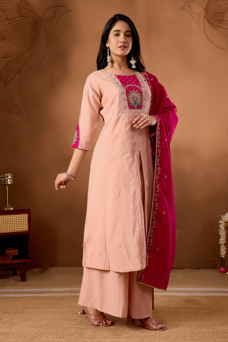 Elegant Peach Roman Silk Kurti Set