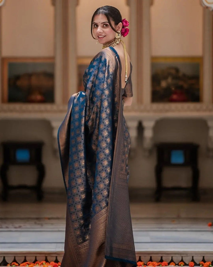 Royal Navy Blue Jacquard Saree for Festive & Wedding Elegance