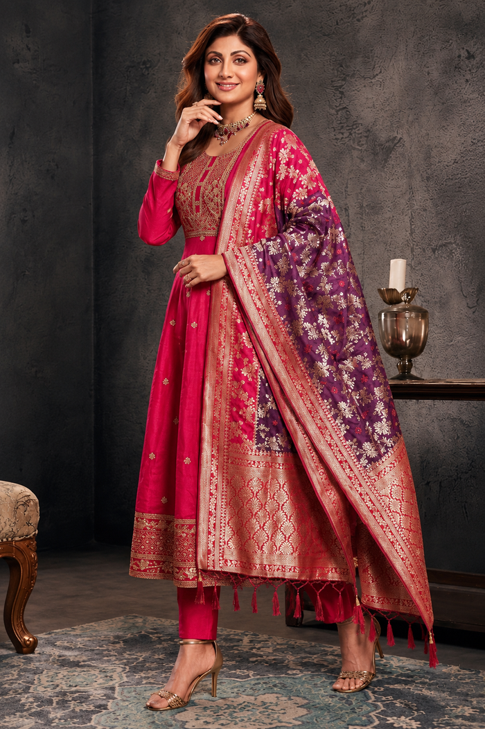 Banarasi Silk Anarkali Kurti Pant Dupatta Set