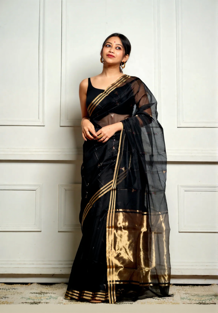 Elegant Black Cotton Silk Saree – Soft Linen Feel with Rich Jacquard Pallu