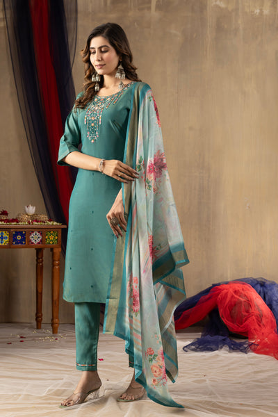 Rama Green Shimmer Gold Silk Multi Embroidered Suit Set