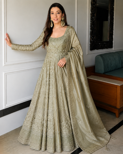 Grey Embroidered Anarkali Gown Set