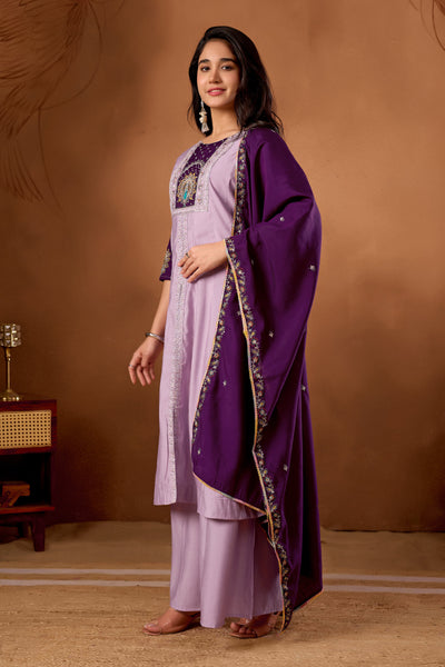 Elegant Light Lovender Roman Silk Kurti Set