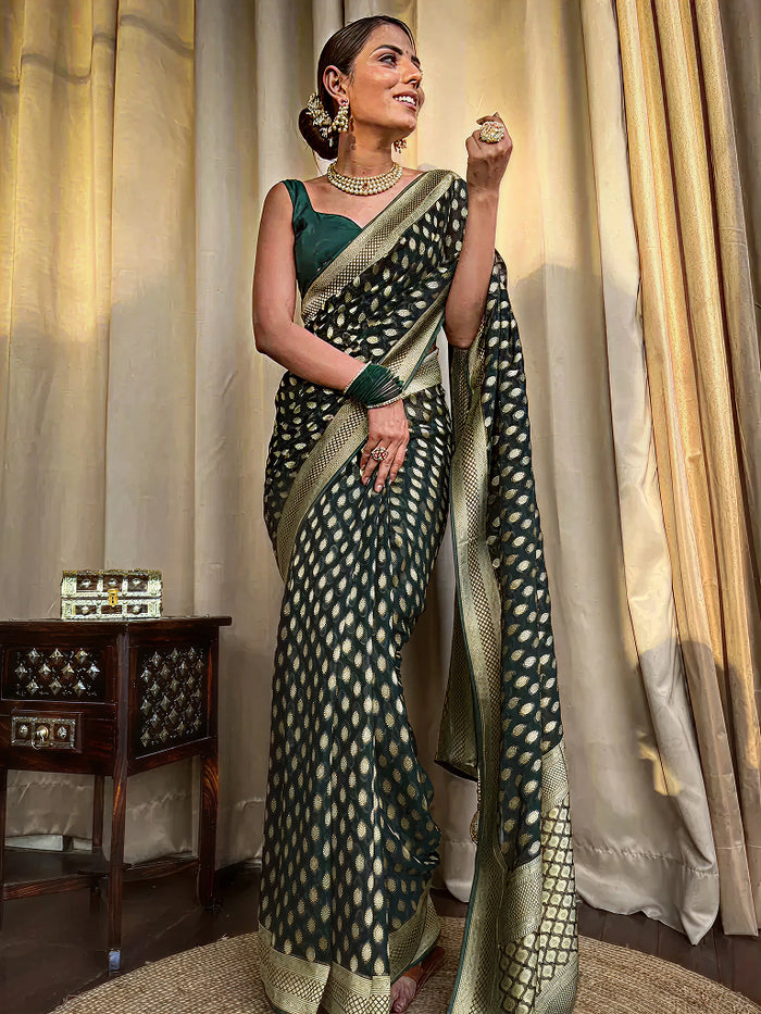 Mahendi Green Jacquard Saree – Premium Woven Festive Wear with Elegant Traditional Detailing