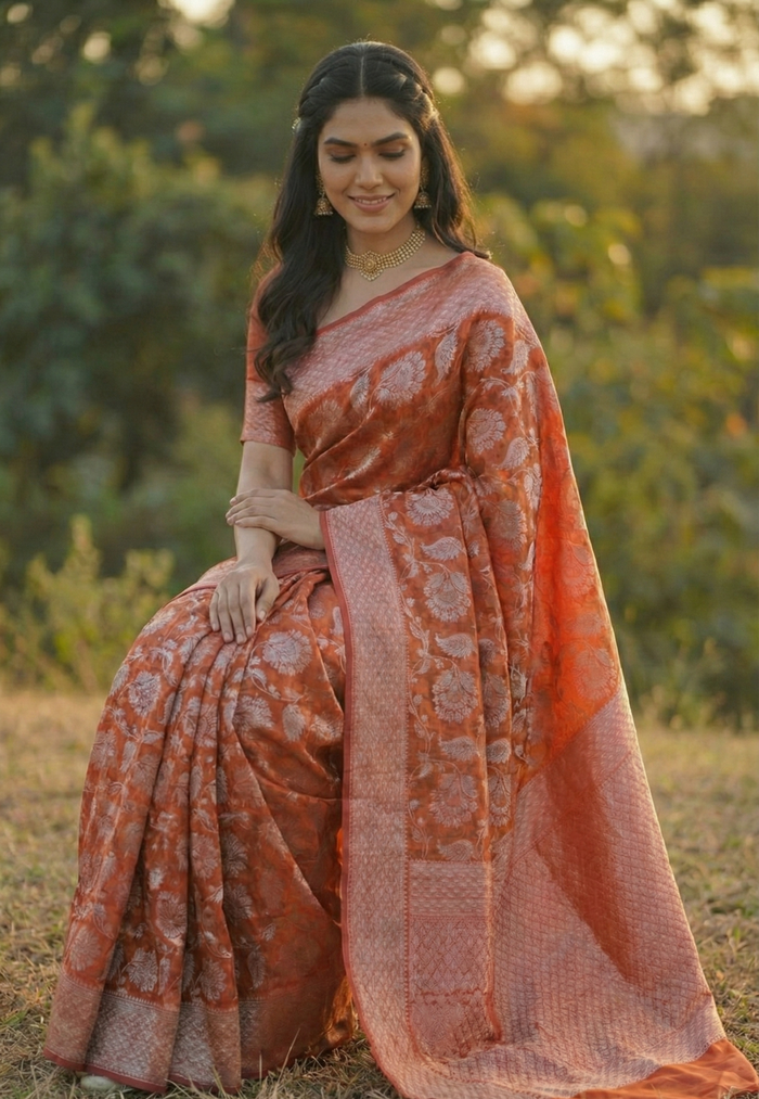 Radiant Red Jacquard Saree – Luxurious Weave & Festive Glow