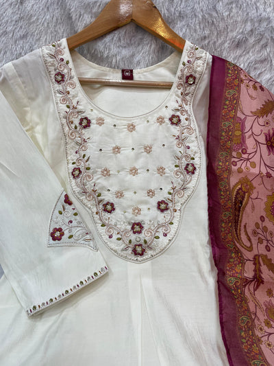 Elegant Off-White Premium Marina Silk Embroidered Kurti Pant Dupatta Set