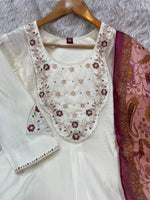 Elegant Off-White Premium Marina Silk Embroidered Kurti Pant Dupatta Set
