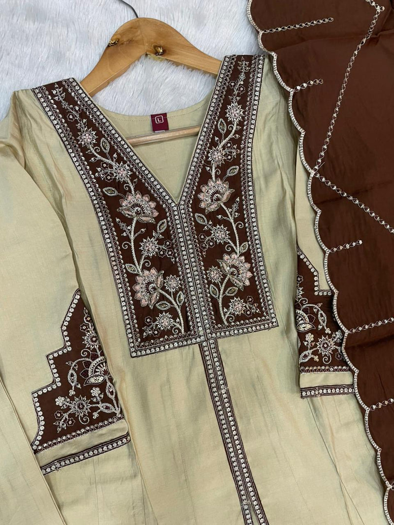 Cream Roman Silk Anarkali Kurti Set