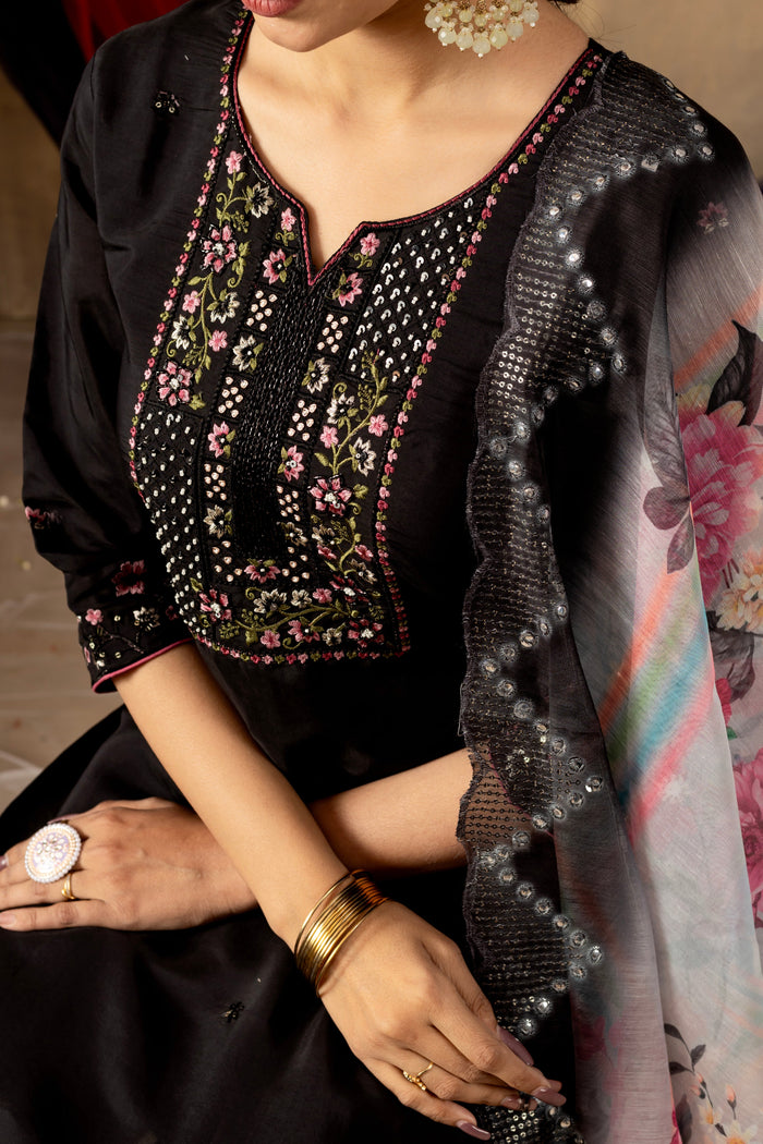 Zehra Black Roman Silk Embroidered Kurta Pant Set