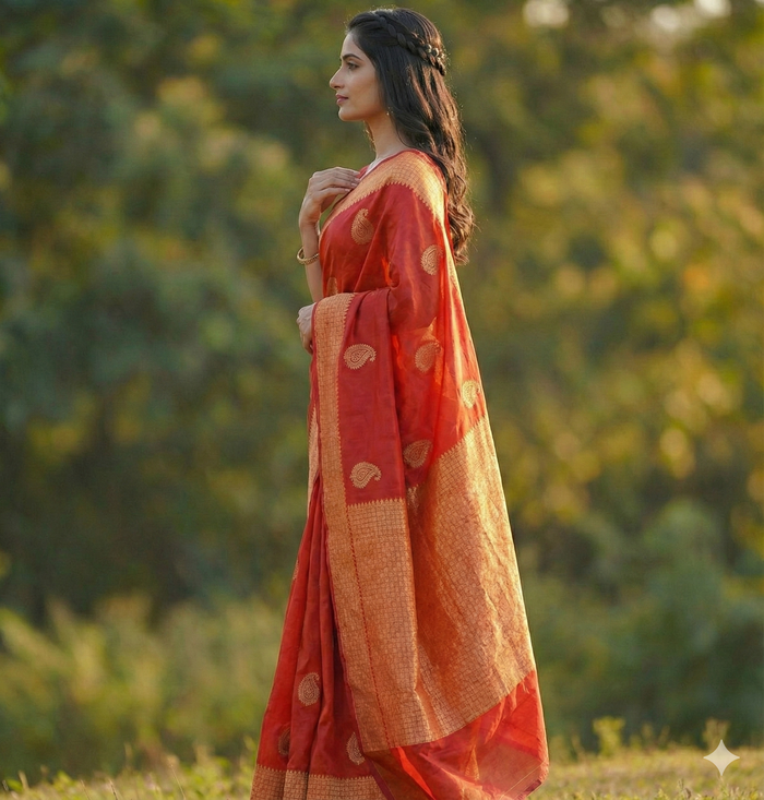 Radiant Red Jacquard Saree – Luxurious Woven Elegance for Festive & Bridal Moments