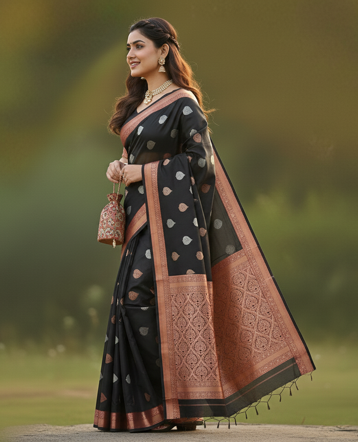 Exquisite Black Jacquard Saree – Elegant Indian Ethnic Wear for Special Occasions