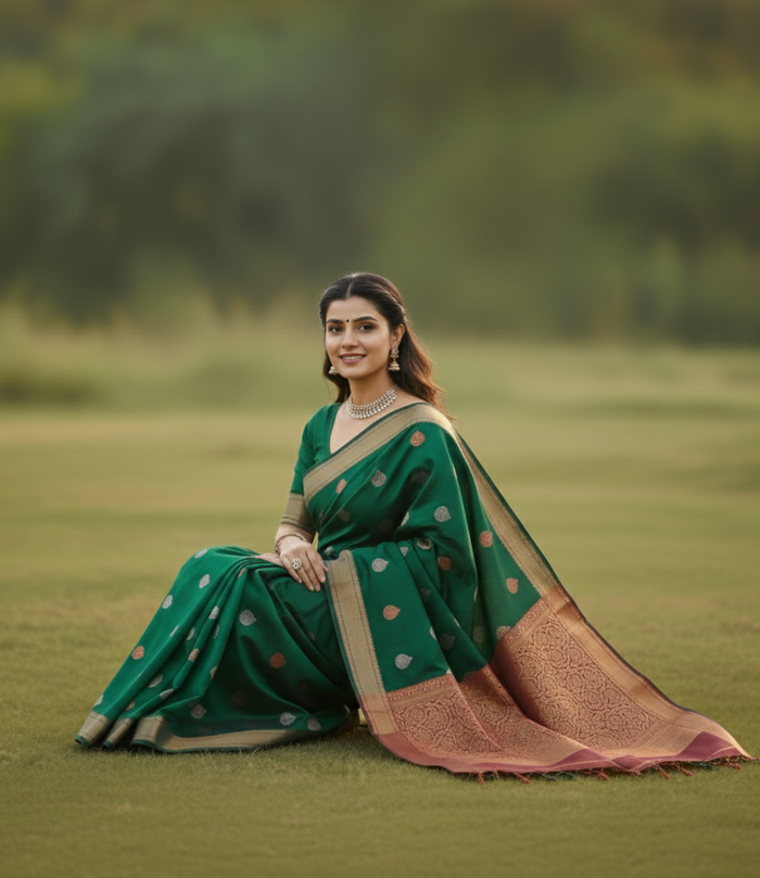 Luxurious Green Jacquard Saree – Elegant Traditional Wear for Festivals & Celebrations