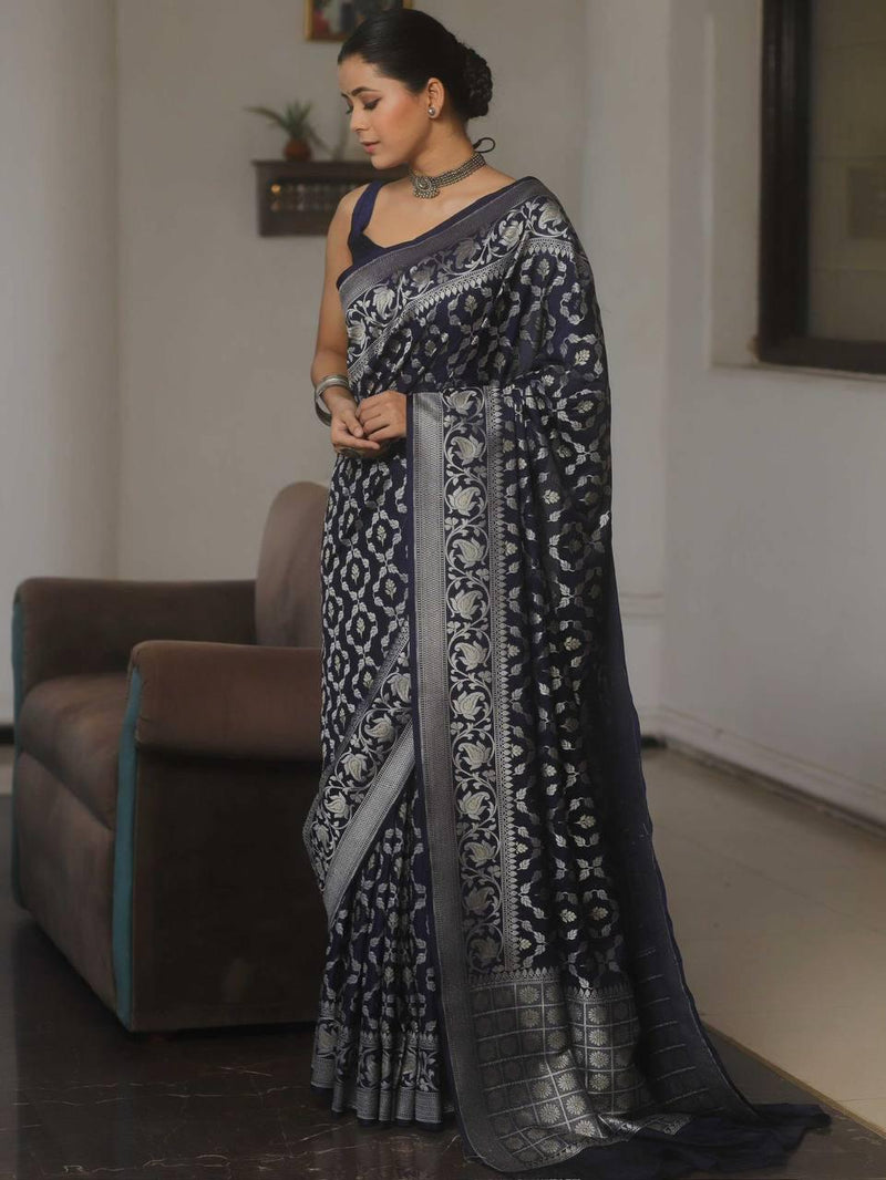 Premium Navy Blue Jacquard Saree