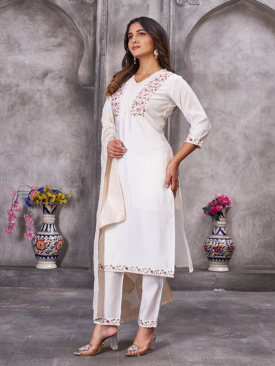Off White Roman Silk Embroidered Kurti Pant Dupatta Set