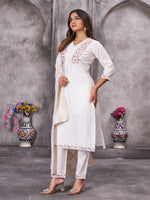 Off White Roman Silk Embroidered Kurti Pant Dupatta Set