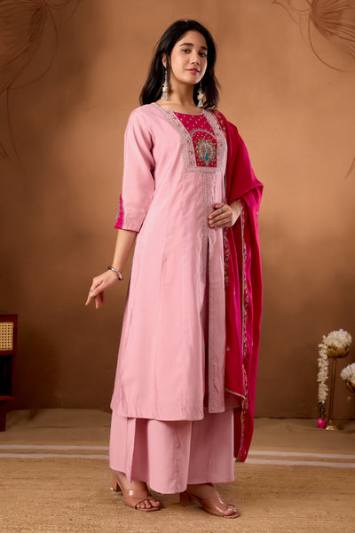Elegant Pink Roman Silk Kurti Set