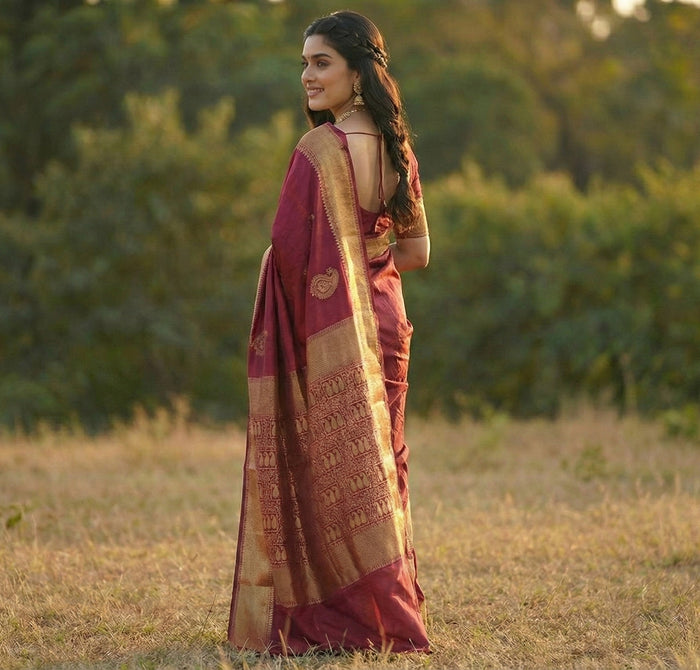 Royal Wine Jacquard Saree – Rich Woven Texture for Festive & Party Elegance