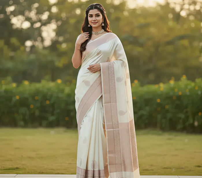 Off White Jacquard Saree – Timeless Elegance with Premium Detailing