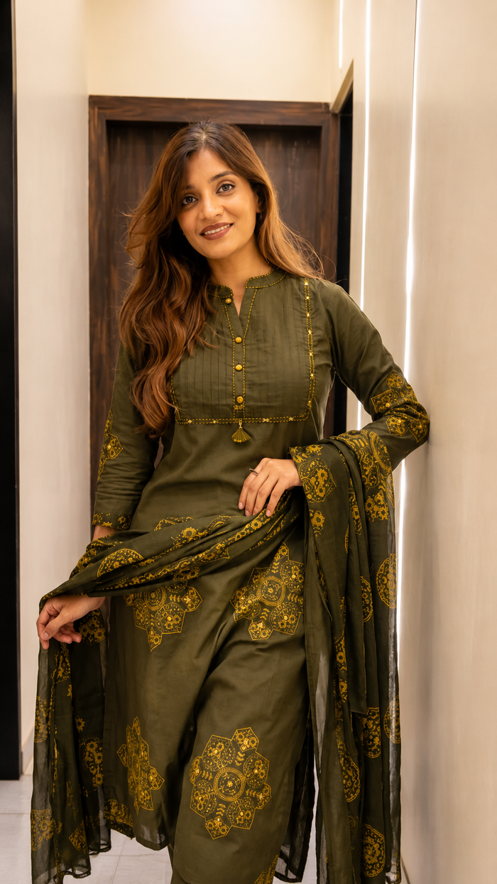 Pure Cotton Green Patchwork A-Line Kurta Pant Dupatta Set