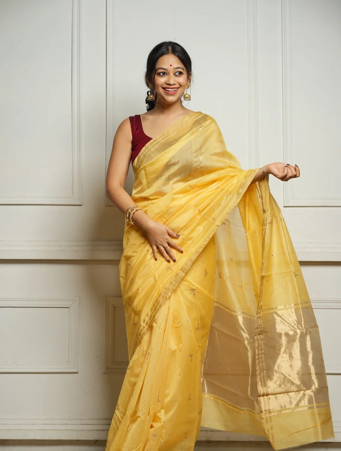 Yellow Cotton Silk Saree – Soft Linen Feel with Rich Jacquard Pallu