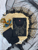 Black Heavy Viscose Roman Silk Embroidered Kurti Pant Dupatta Set