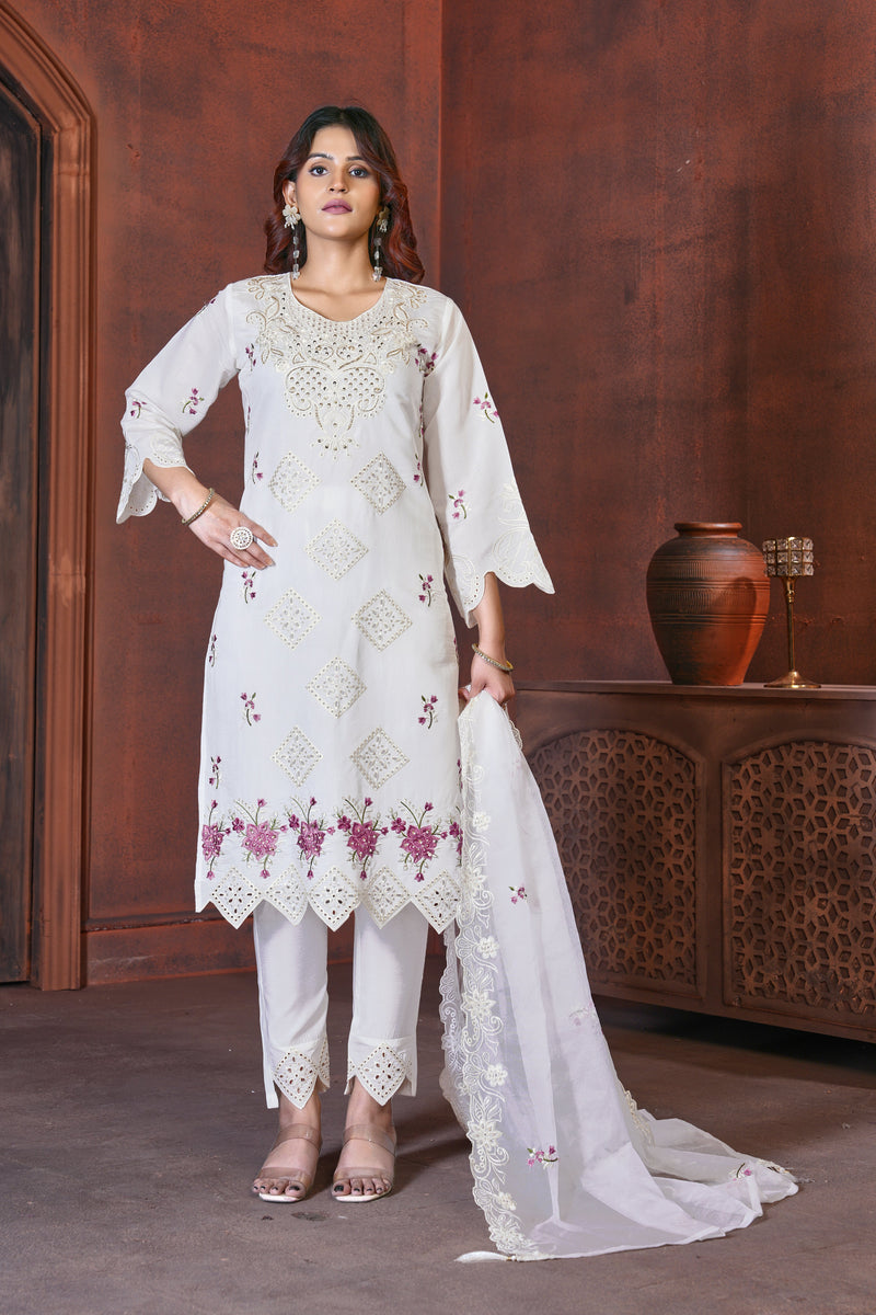 White Heavy Viscose Roman Silk Embroidered Kurti Pant Dupatta Set