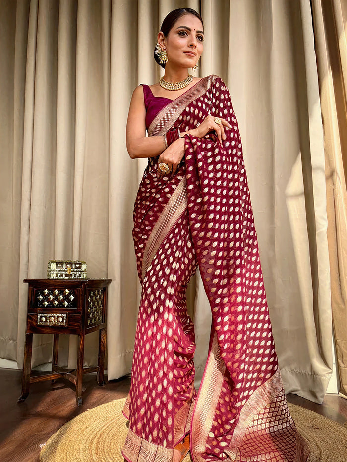 Royal Maroon Jacquard Saree – Luxurious Woven Design for Weddings & Festive Occasions