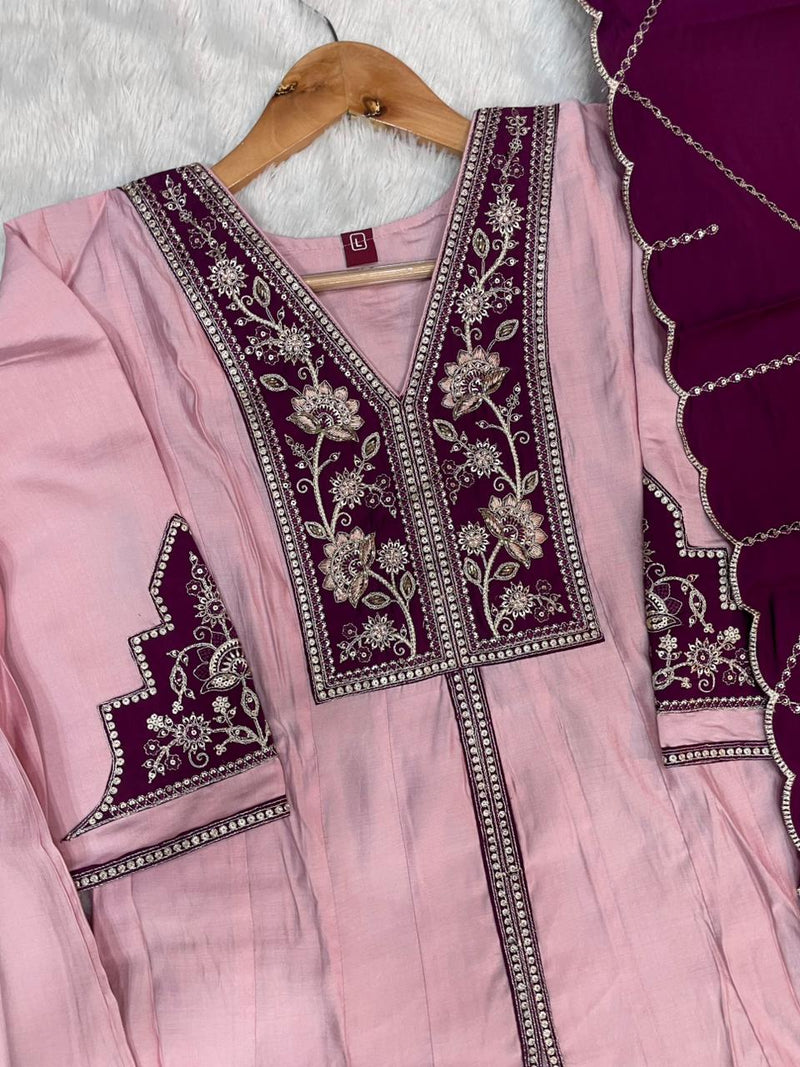 Pink Roman Silk Anarkali Kurti Set