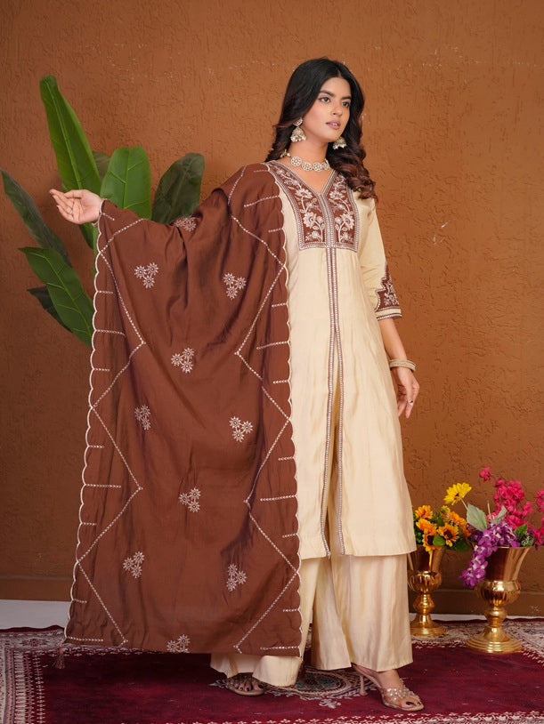 Cream Roman Silk Anarkali Kurti Set