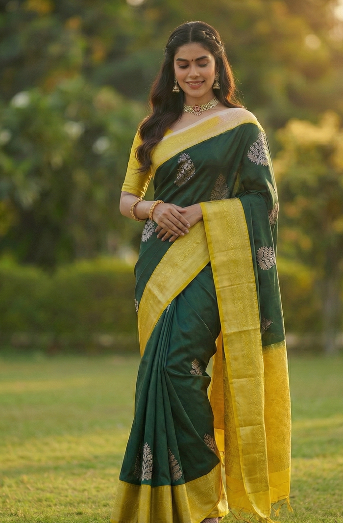 Dark Green Jacquard Saree – Premium Woven Saree for Festive & Traditional Wear