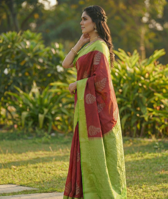 Brick Red Jacquard Saree – Rich Woven Saree for Festive & Wedding Style