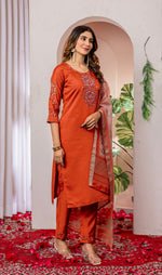 Elegant Orange Viscose Silk Embroidered Kurta Set
