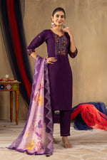 Purple Roman Silk Multi Embroidered Suit Set