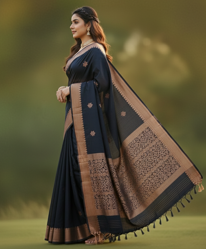 Elegant Black Jacquard Saree – Premium Woven Texture & Timeless Festive Style