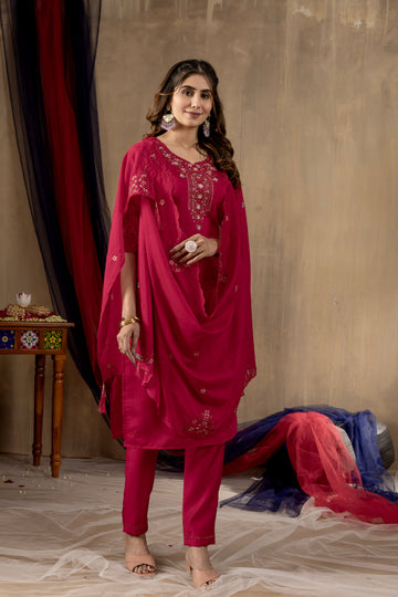 Noor Rani Pink Roman Silk Embroidered Kurta Pant Set