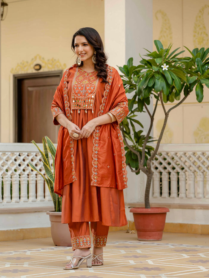 Orange Viscose Roman Silk Anarkali Kurti Pant Set