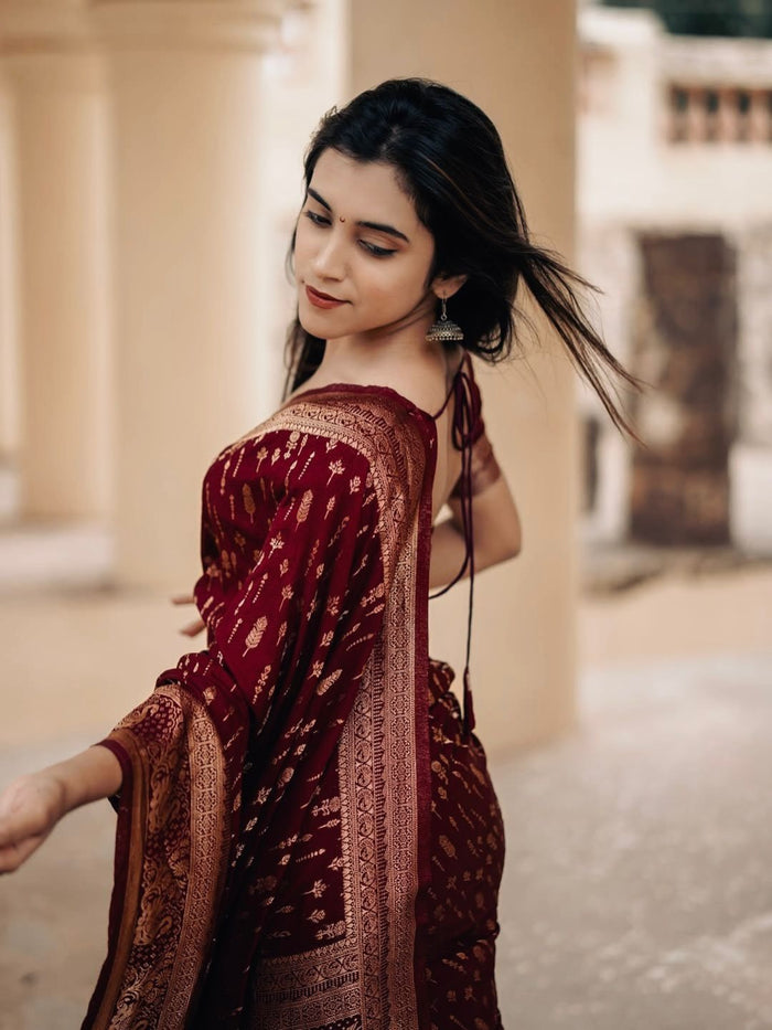 Rich Maroon Jacquard Saree – Elegant Woven Saree for Wedding, Festive & Party Wear