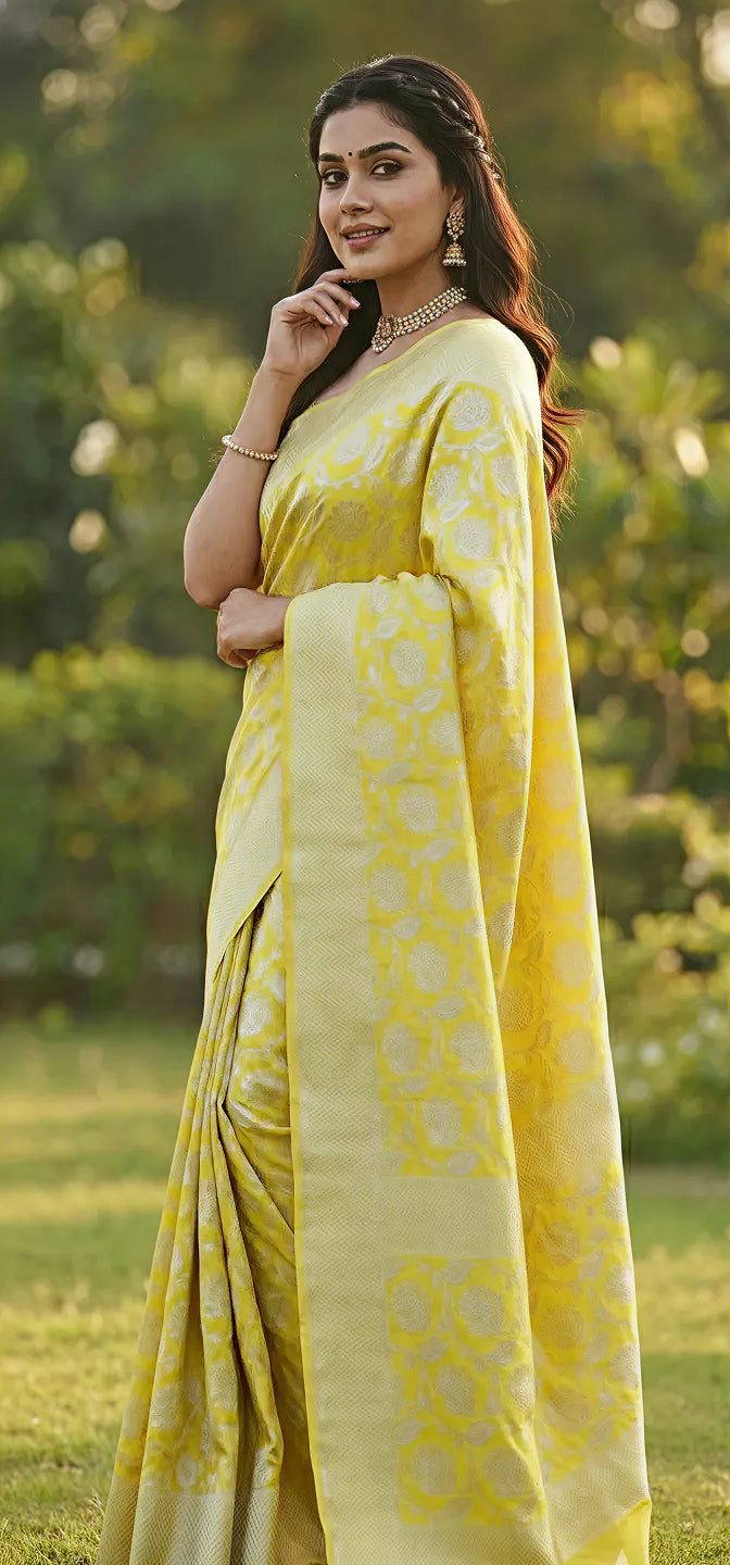 Elegant Light Yellow Jacquard Saree – Soft Festive Wear with Premium Woven Detailing