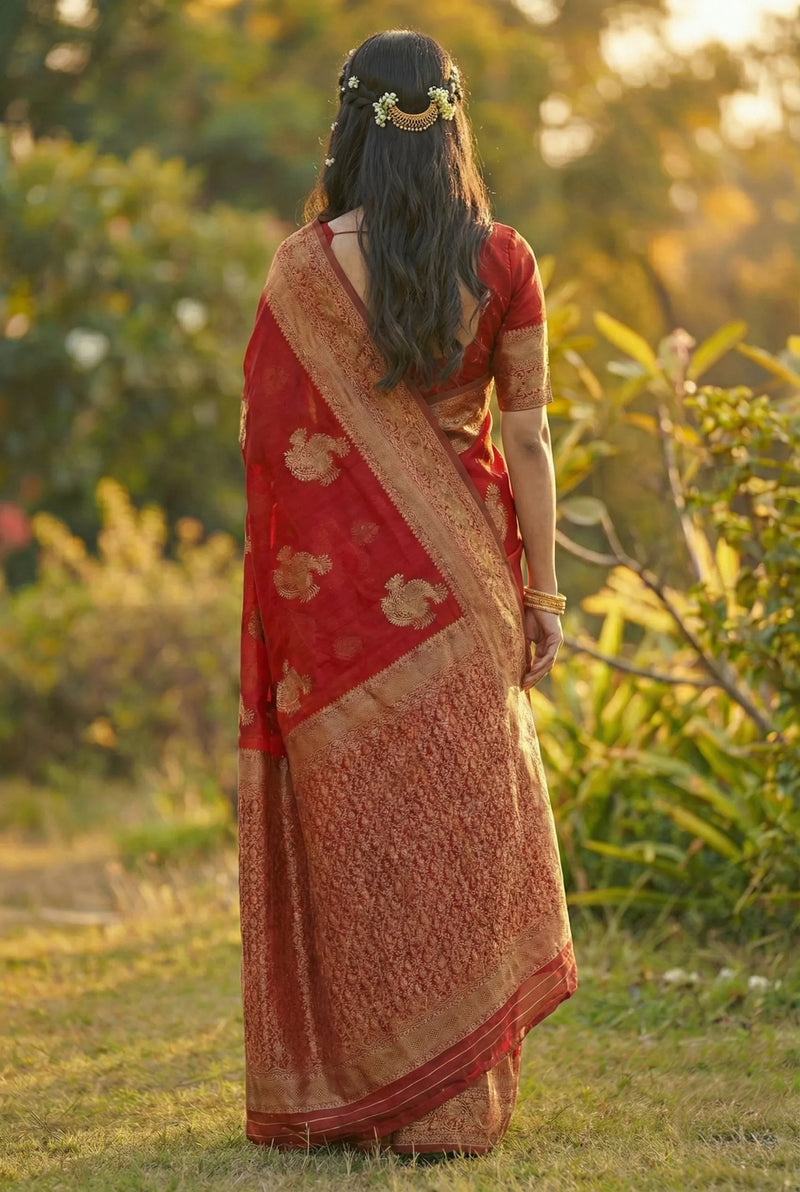 Crimson Red Jacquard Silk Saree with Opulent Woven Motifs | Bridal & Festive Luxury