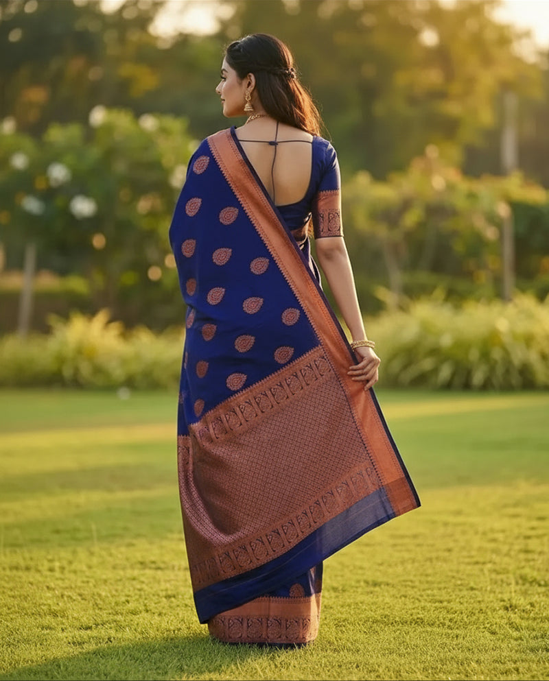 Deep Navy Blue Jacquard Silk Saree with Regal Woven Detailing | Festive & Evening Wear