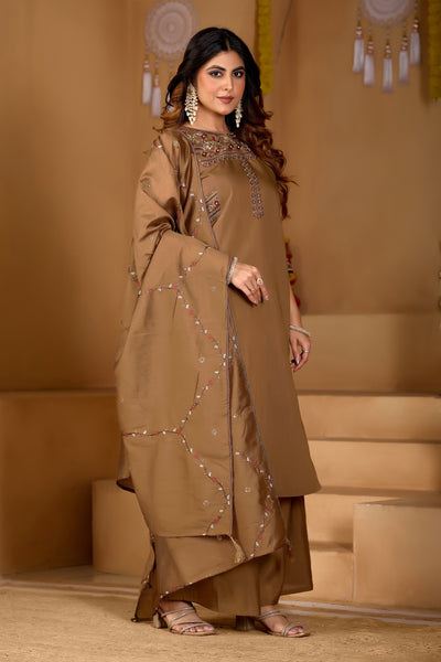 Brown Viscose Mango Silk Anarkali Kurti Set
