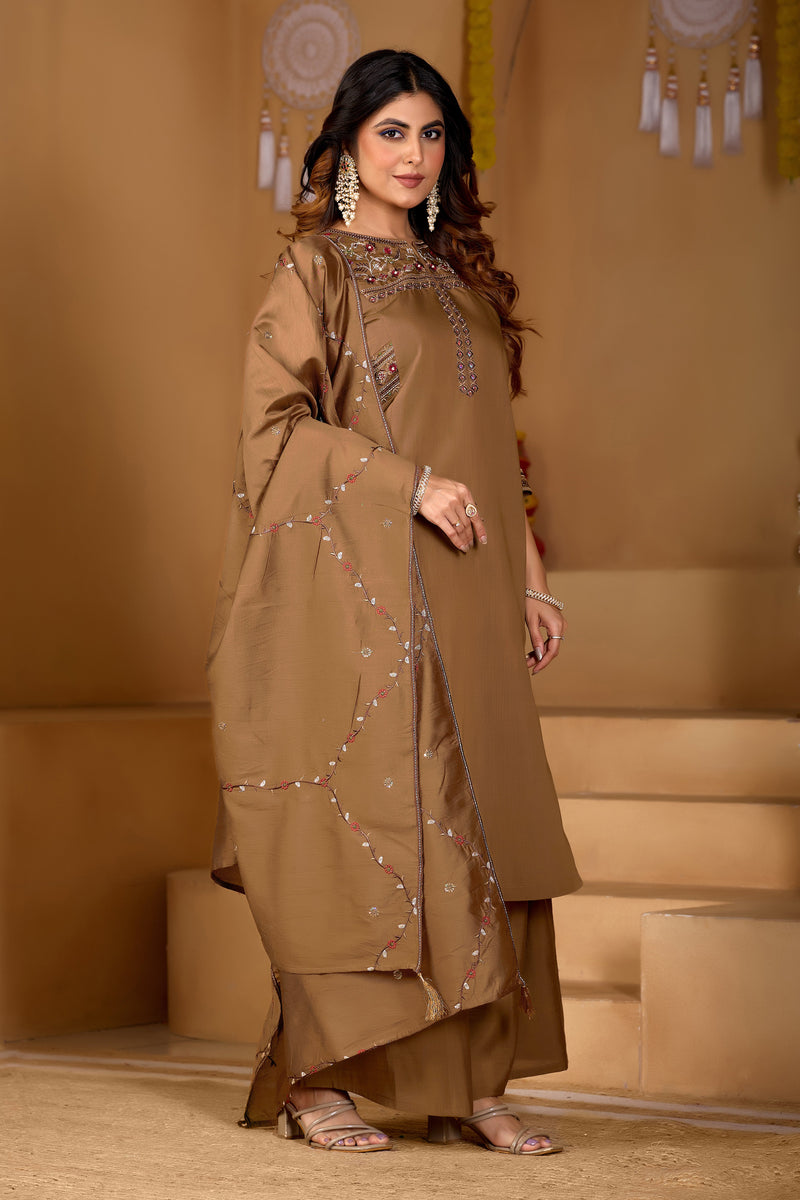 Brown Viscose Mango Silk Anarkali Kurti Set