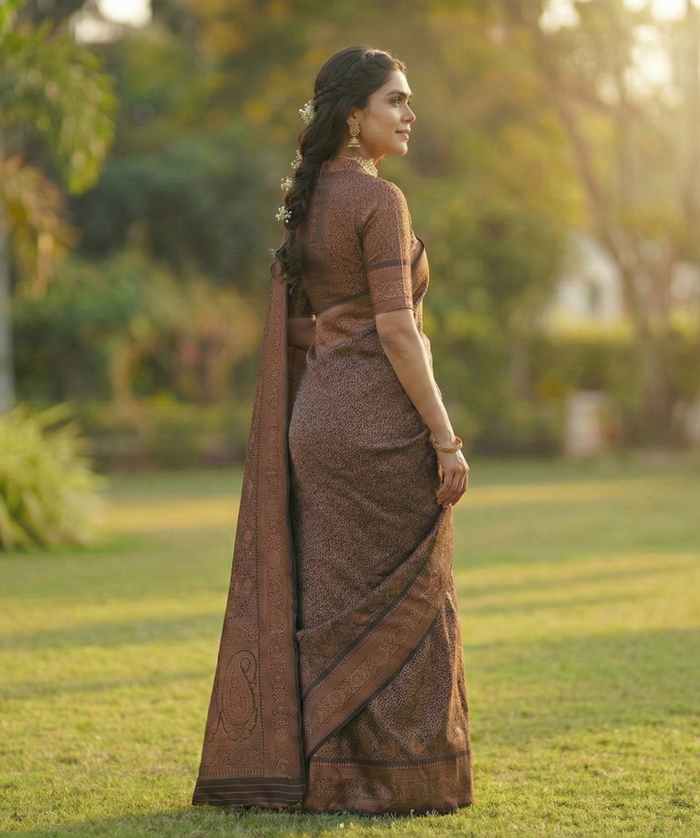 Brown Jacquard Saree – Rich Woven Texture for Classic & Festive Elegance