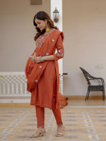 Rust Orange Viscose Mango Silk Embroidered Kurti Set